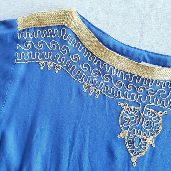 Boho Tunic Women L Blue Relaxed Top Lagenlook Peasant Hippie Coastal Embroidered - Picture 4 of 12